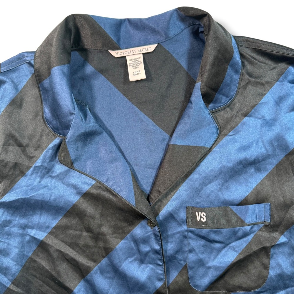 Victoria's Secret Striped Satin Pajama Top Size Small Womens Blue Black